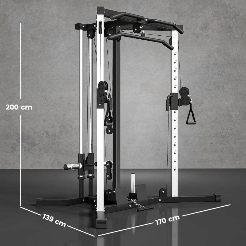 SPORTNOW Kraftstation Fitnessstation mit Latzug, Klimmzugstange Curl-/Ruderstange Griffe, 15-fach verstellbar