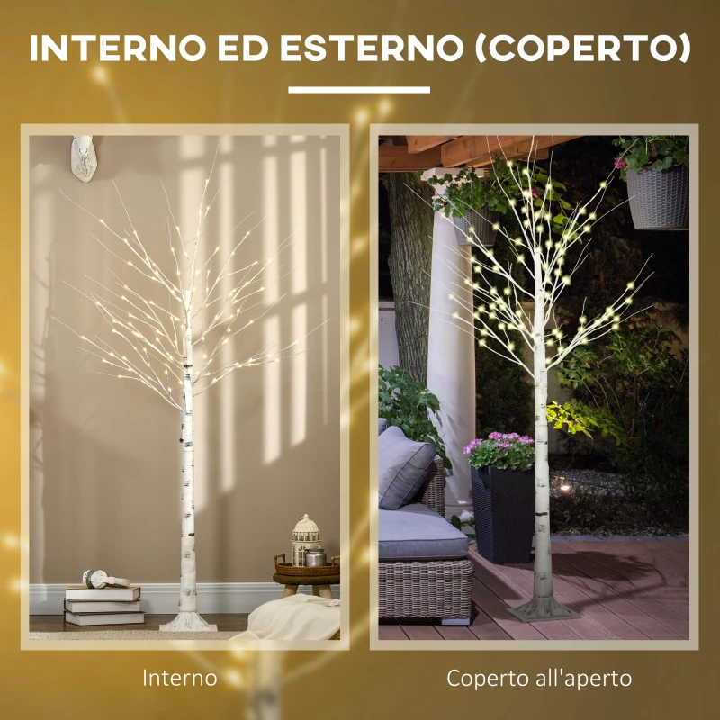 HOMCOM Albero di Natale Bianco con Luci LED e 12 Rami per Interni ed Esterni, in PP e Metallo, 22x22x180 cm