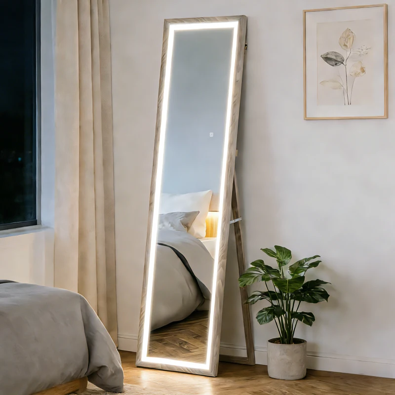 HOMCOM Espelho de Pé com Luz LED 40x160 cm Espelho de Corpo Inteiro com Iluminação de 3 Cores Tátil Função de Memória Cinza