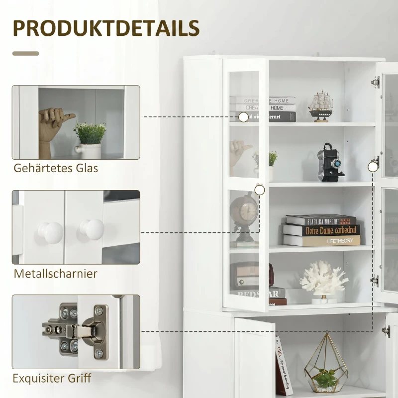 HOMCOM Mobilier de Bibliotecă cu 2 Dulapuri, Rafturi Regulabile și Uși din Sticlă, 76x40x178.5 cm, Alb