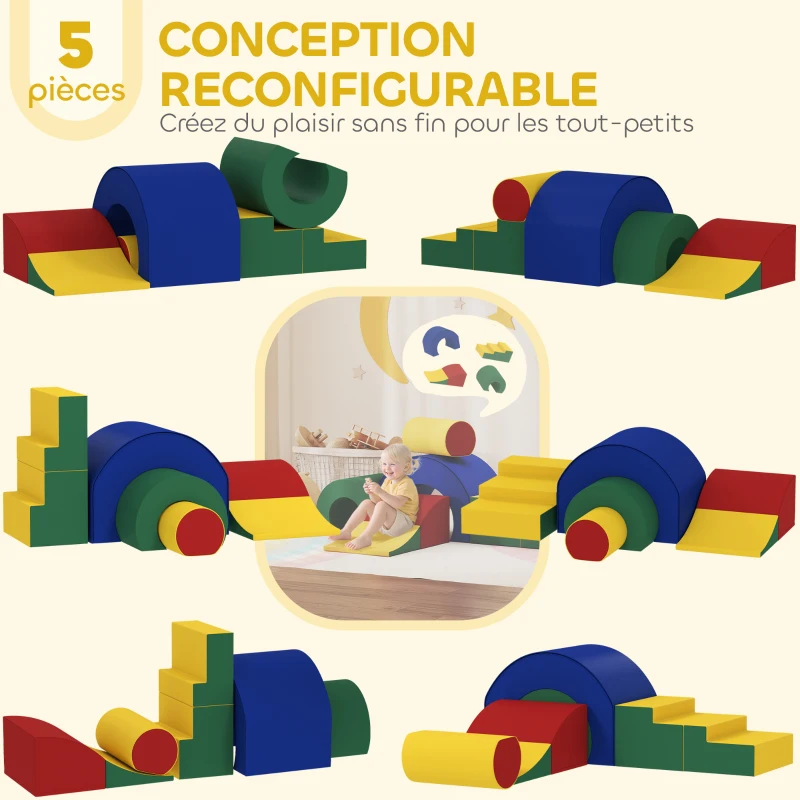AIYAPLAY Parcours motricité enfants jouets d'escalade modulable 5 briques géantes en mousse 181 x 39 x 44 cm multicolore