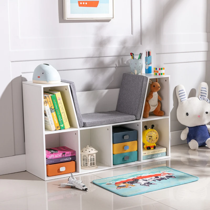 HOMCOM 2-in-1 Kinderregal Regal + Sitzbank inkl. Polster 103 cm × 30 cm × 62 cm Weiß + Grau