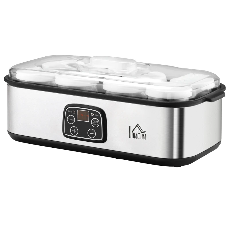 HOMCOM Joghurtbereiter Griechische Joghurtmaschine mit Deckel, 8 BPA-freier Glas-Innenbehälter à 180 ml, Joghurt Maker mit LCD Display Timer, für bis zu 1,4 Liter Joghurt 25 W Silber