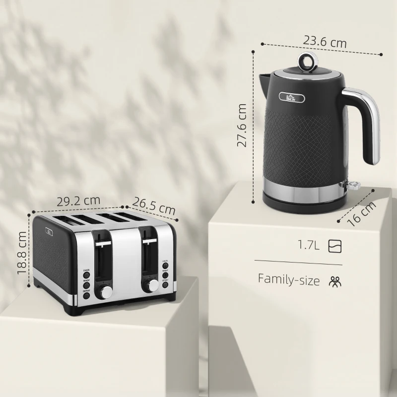 HOMCOM Sleek Textured Kettle and Four-Slice Toaster Set - Black