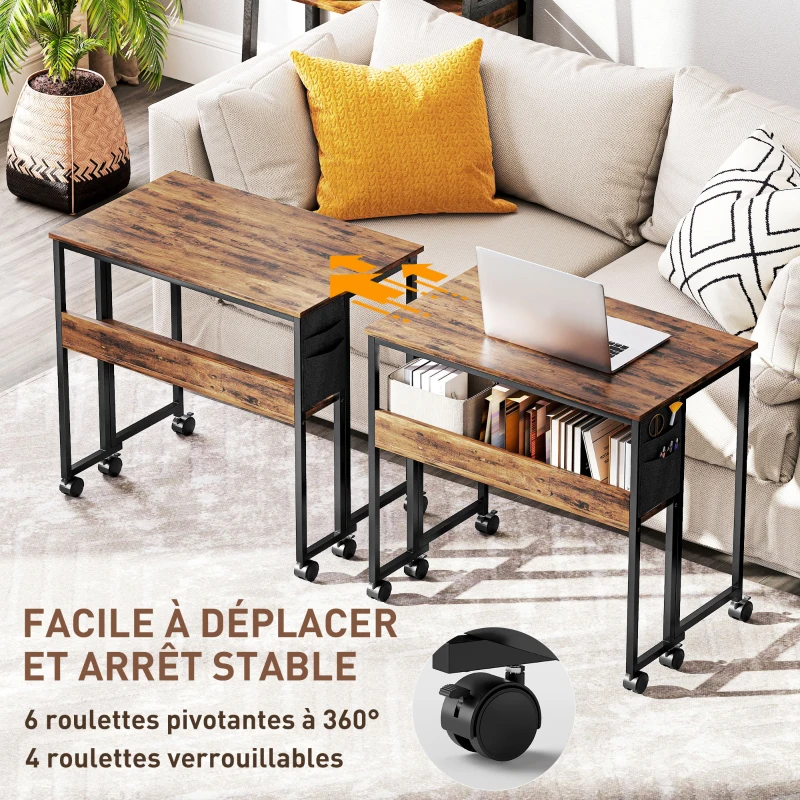HOMCOM Bureau pliable sur roulettes 80 x 50 cm avec étagère et sac de rangement, brun rustique