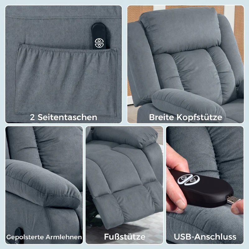 HOMCOM Opsta-stoel met zachte bekleding, elektrisch verstelbare relaxstoel met afstandsbediening en zijvakken, grijs