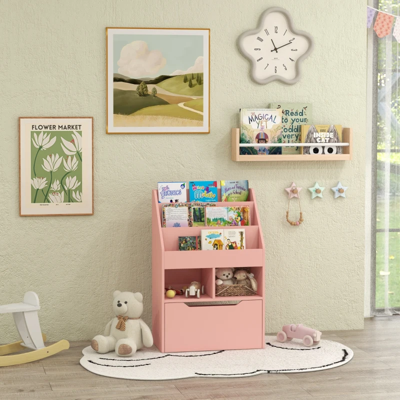 HOMCOM Bibliothèque étagère Multi-Rangement 3 étagères 2 niches Grand tiroir en bois Rose