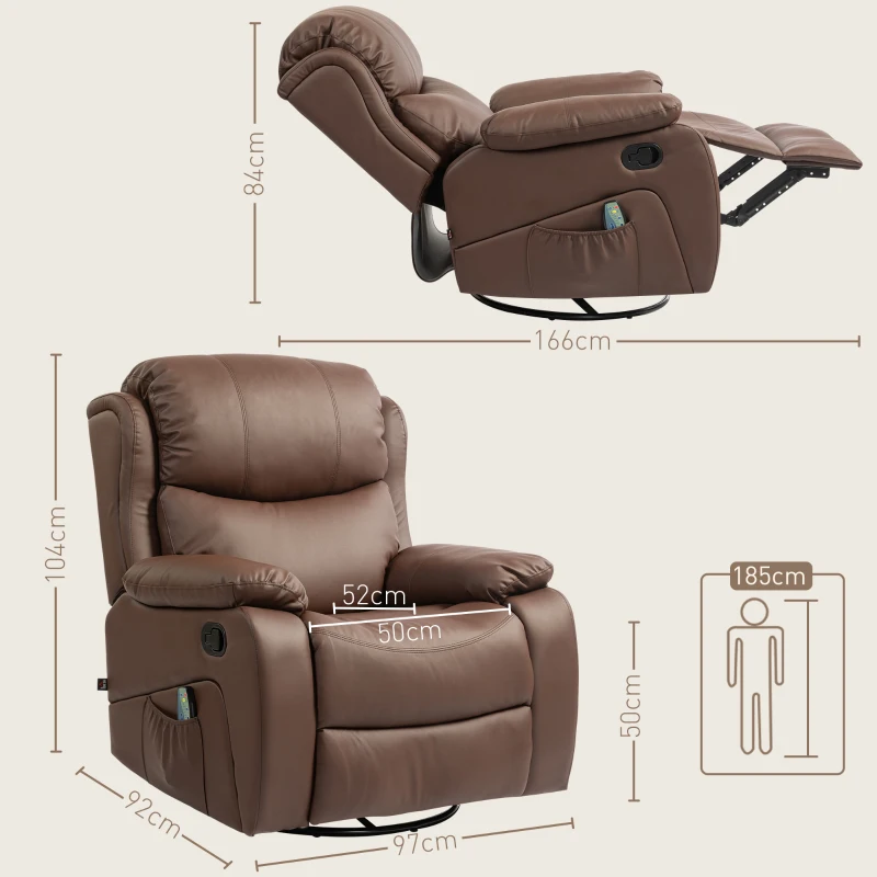 HOMCOM Fotoliu relax rabatabil cu 8 puncte de masaj, funcție de încălzire și suport pentru picioare, 97x92x104 cm, maro