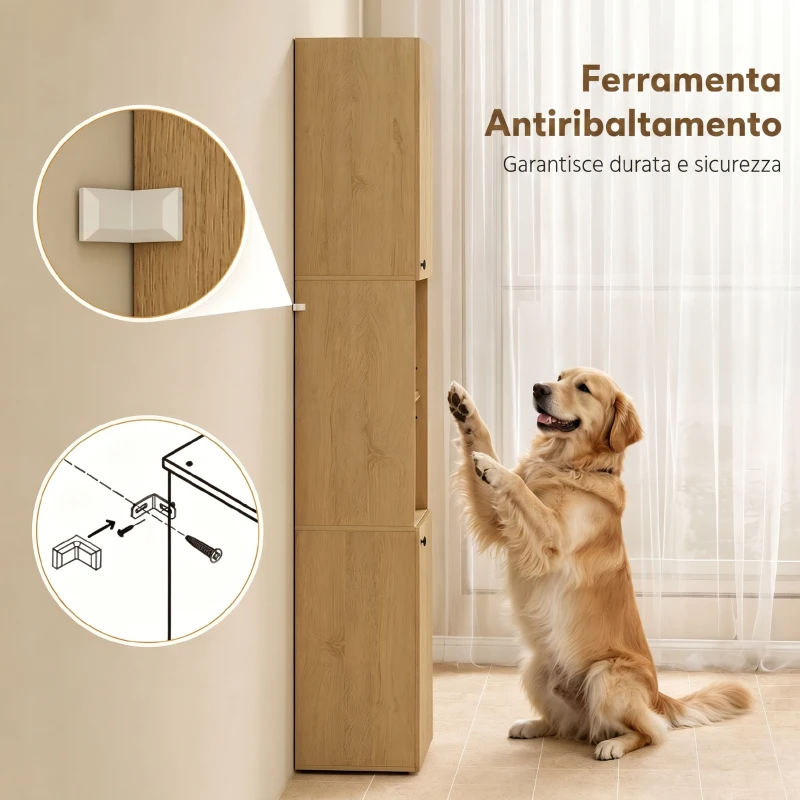 HOMCOM Colonna da Bagno Slim 6 Ripiani, 2 Ante, Scomparti Aperti, Ripiano in Vetro Temperato, Ripiani Regolabili, Rovere