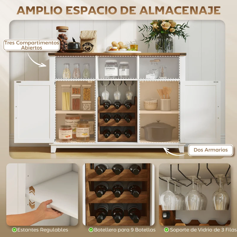 HOMCOM Aparador de Cocina Rústico con Estantes Ajustables y Botellero Mueble Auxiliar para Comedor, Salón 120x37x88 cm Blanco
