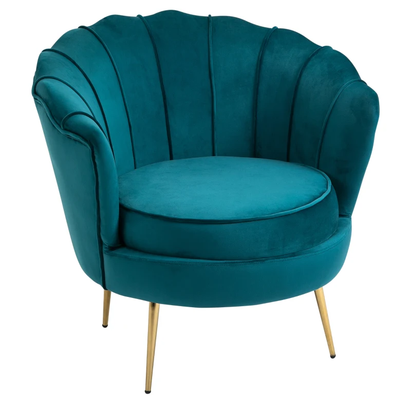 HOMCOM Fauteuil Coquillage Fauteuil Design dim. 79L x 77l x 77H cm Pieds dorés effilés Velours Bleu