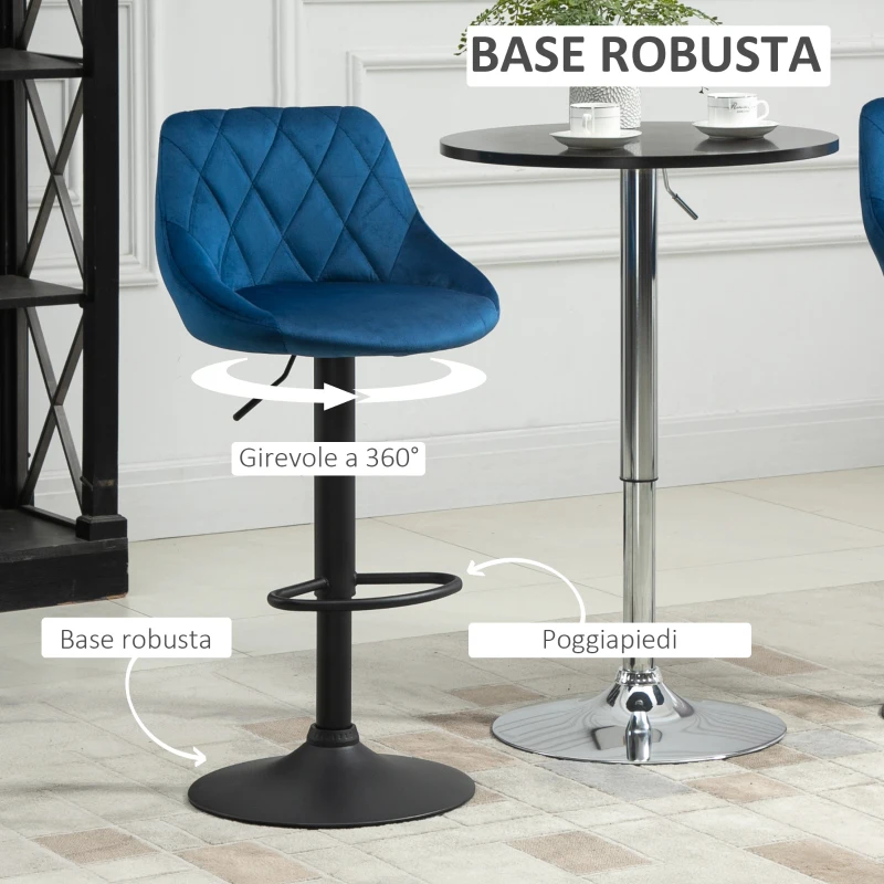 HOMCOM Set 2 Sgabelli da Cucina di Design con Schienale e Poggiapiedi, Seduta in Velluto e Base in Metallo, 46x48x83-104cm, Blu