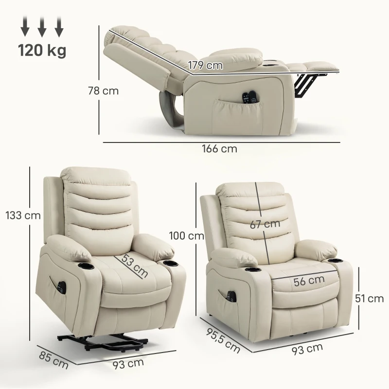 HOMCOM Elektrische Relaxstoel met Opsta-hulp, Massage, Verwarming, USB-aansluiting, PU-leer, Crème