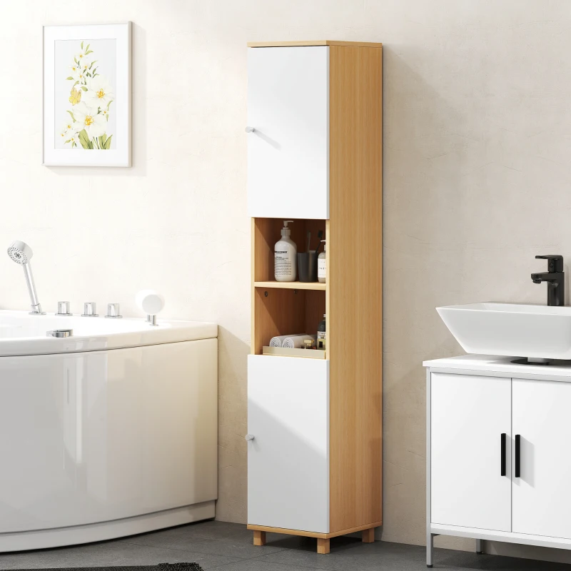 HOMCOM Colonna Bagno con 2 Armadietti e Ripiani Aperti, Mensole Interne Regolabili, 30x30x166 cm, Bianco e Legno
