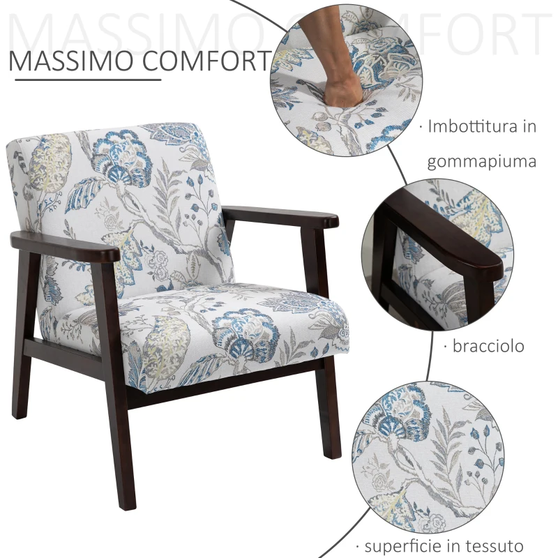 HOMCOM Sedia per Soggiorno Poltroncina Imbottita con Braccioli in Legno e Tessuto Traspirante per Casa e Ufficio, a Fiori, 68.5x78.5x75cm