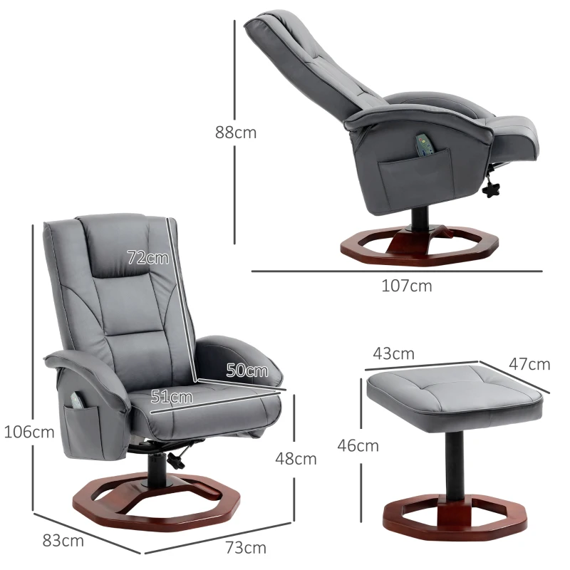HOMCOM Massagestoel met hocker, ligfunctie, afstandsbediening, draaibaar, lederlook, tot 150 kg, donkergrijs