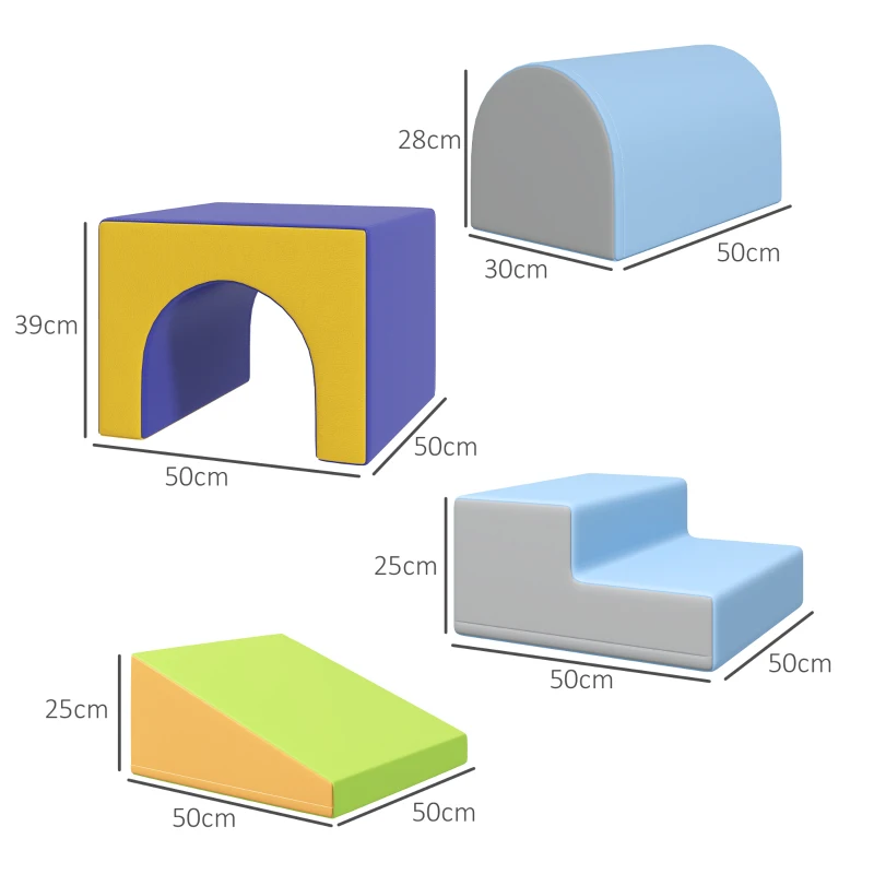 HOMCOM 4-delige Set Zachte Bouwblokken voor Klimmen en Glijden, Kunstlederen Bekleding, voor Kinderen van 1-3 Jaar, Multicolor
