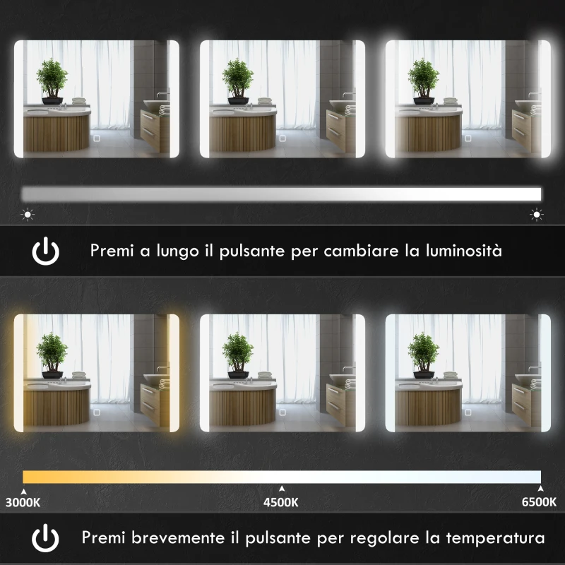HOMCOM Specchio Bagno con Luce LED a 3 Temperature, Interruttore Touch e Antiappannamento, 70x50cm