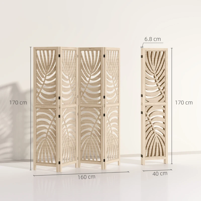 HOMCOM 4 Panel Privacy Screens, Detachable Folding Room Divider with Palm Leaf Design for Home Office, Natural Wood Finish