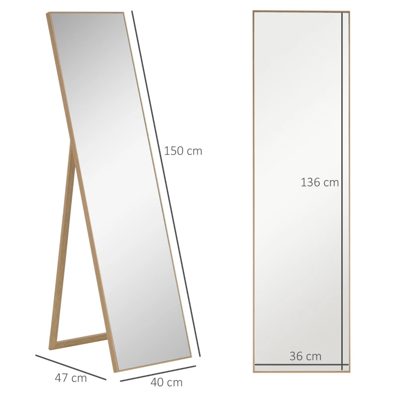 HOMCOM Miroir rectangulaire sur pied miroir de sol pour vestiaire salon salle de bain couloir 40 x 35 x 147 cm naturel