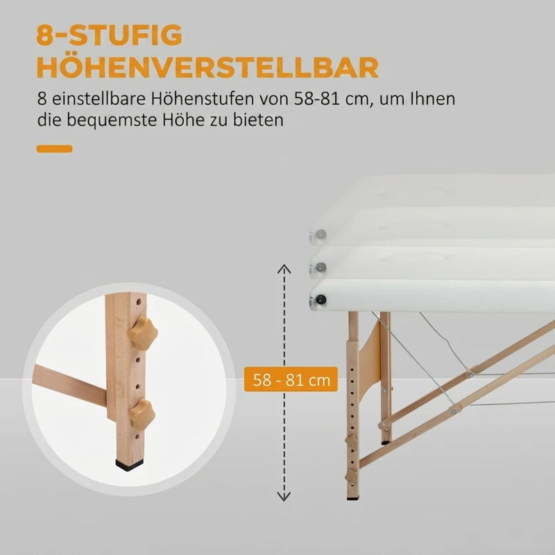 HOMCOM Mobile Massageliege 2 Zonen Klappbar Höhenverstellbar Massagetisch 60 cm Breit mit Tragetasche Holzfüßen Cremeweiß