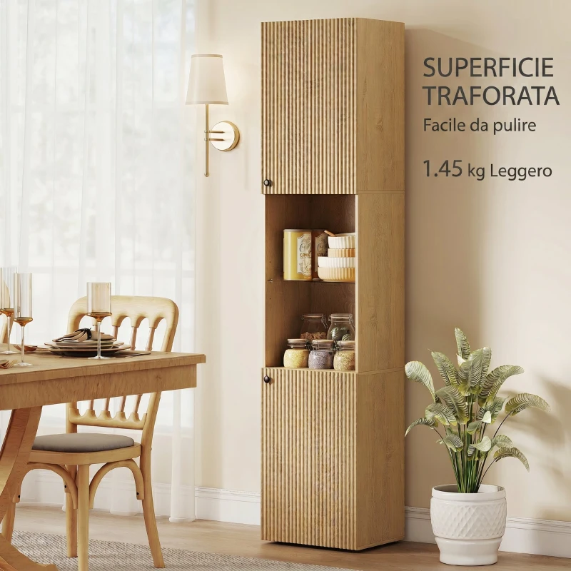 HOMCOM Colonna da Bagno Slim 6 Ripiani, 2 Ante, Scomparti Aperti, Ripiano in Vetro Temperato, Ripiani Regolabili, Rovere
