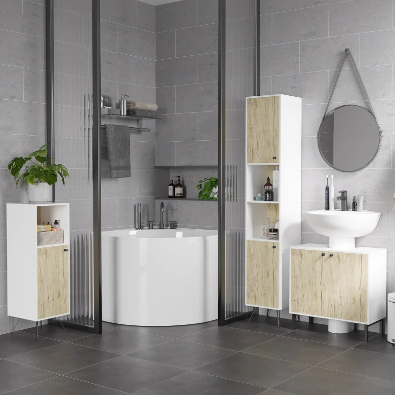 kleankin Mobile Bagno Sotto Lavabo a 2 Ante con Ripiano Interno in Truciolato e Acciaio, 60x30x60 cm, Bianco e Rovere
