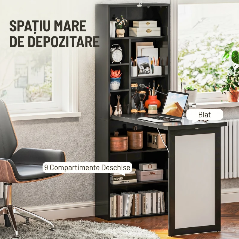 HOMCOM Birou Modern Pliabil cu Bibliotecă și Tablă, din Lemn și Metal, 98x51x153 cm, Negru