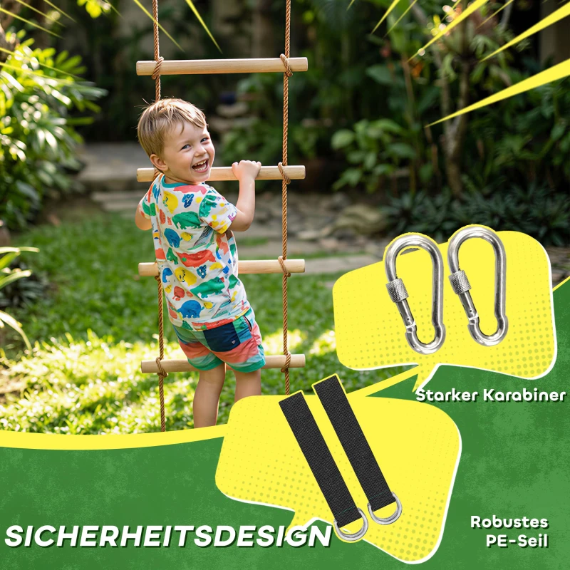 AIYAPLAY Strickleiter für Kinder 5-stufige Kletterleiter mit 2 Karabinern 2 Baumgurten für 3-8 Jahre 40 x 3,5 x 180 cm Naturholz