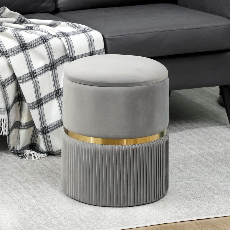 HOMCOM Velvet-Feel Storage Ottoman - Light Grey