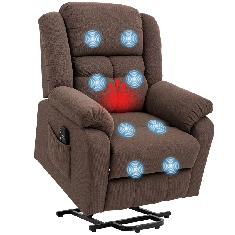 HOMCOM Opsta-hulpstoel met massagefunctie en lendenverwarming, relaxfauteuil met afstandsbedieningen en zijzakken, donkerbruin