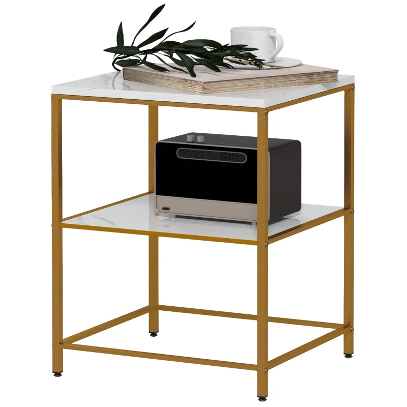HOMCOM Table d'appoint, bout de canapé avec 2 étagères effet marbre et structure en métal doré, 44L x 40l x 54,5H cm