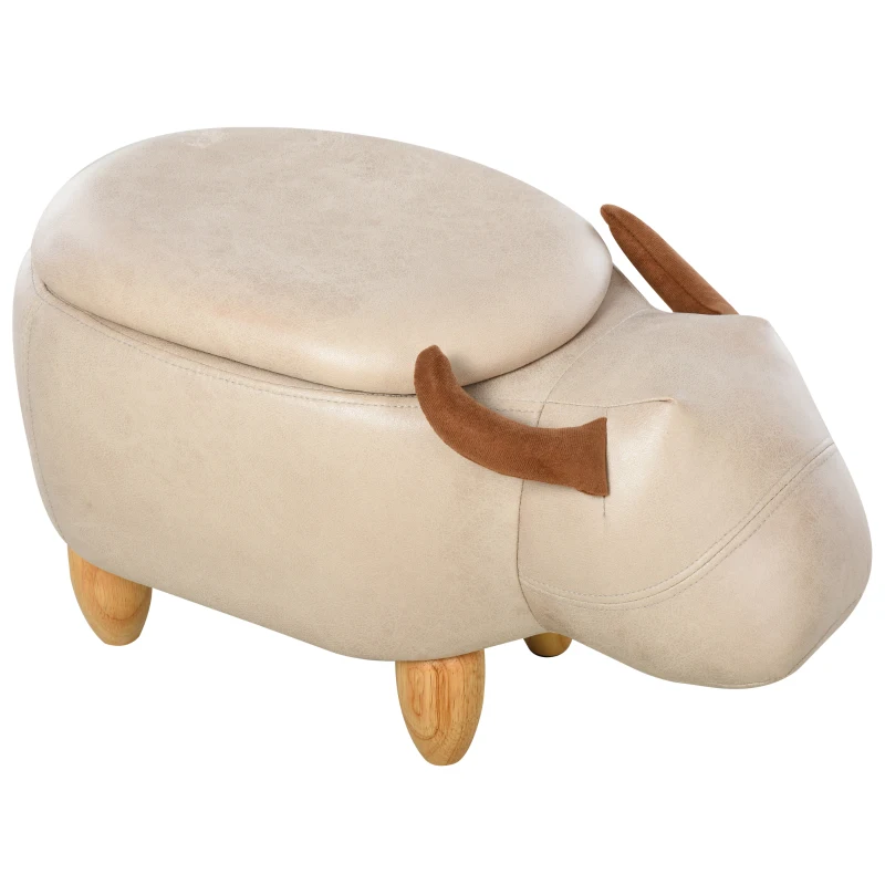 HOMCOM Tabouret Vache - Pouf Vachette - Pouf Taureau Coffre de Rangement 2 en 1 - Pieds Bois d'hévéa revêtement synthétique Aspect Crème