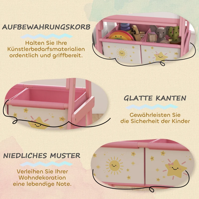 AIYAPLAY Kinder Ezel 3-in-1 Kindertafel met Krijtbord, Whiteboard, Papierrol en 2 Opbergmanden, voor 3-8 Jaar, Roze