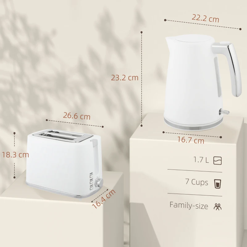 HOMCOM Set Fierbător Electric de 1.7L 2200W cu Termostat și Prăjitor de Pâine Dublu cu 7 Niveluri de Rumeneală, Alb
