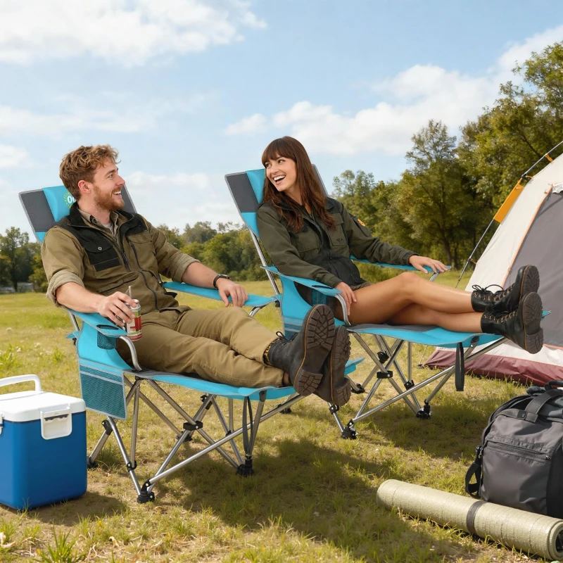 Outsunny Set of 2 Reclining Folding Camping Chair w/ Detachable Footrest, Storage Bag, Cup Holder & Headrest, Blue and Grey