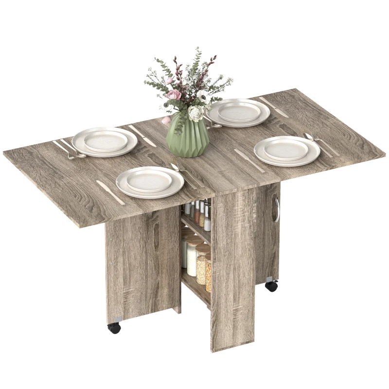 HOMCOM 80-140 cm Folding Dining Table for 4-6 People, Drop Leaf Table with 2-Tier Shelves, Rolling Casters, for Small Spaces, Kitchen, Flat, Dining Room, Grey