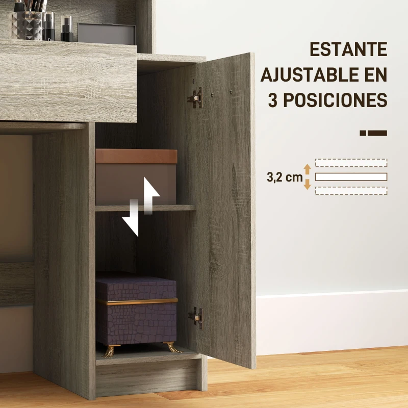 HOMCOM Tocador de Maquillaje con Taburete Espejo Estantes Abiertos Cajón y Estante Ajustable Anti-vuelco Natural y Beige