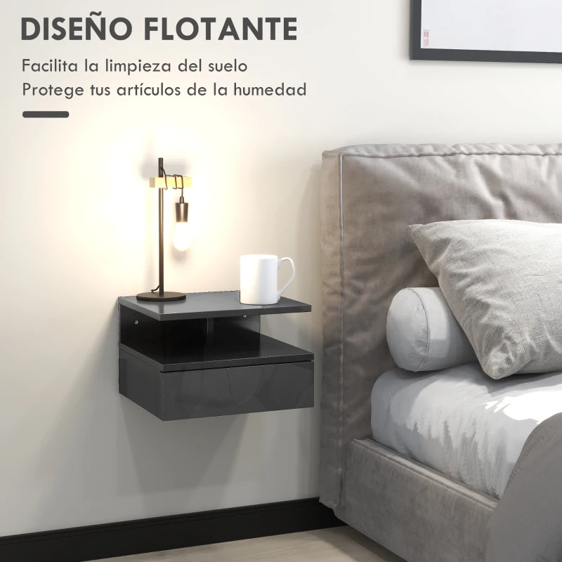 HOMCOM 2 Mesitas de Noche Flotantes con 1 Cajón y Estante Abierto Diseño Moderno 35x32x22,5 cm Negro Brillo