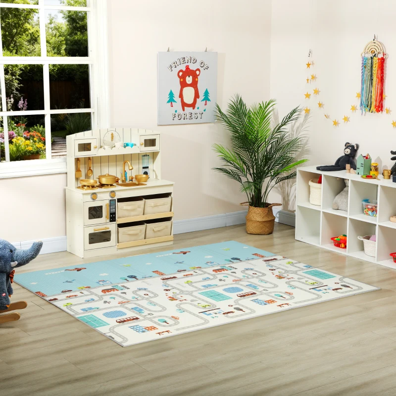 AIYAPLAY Foldable Baby Plat Mat Double Sided, Kids Floor Mat for Crawling, 200L x 150W cm, Car track and Owl Theme