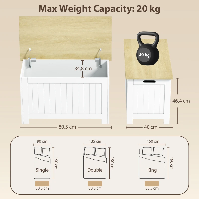 HOMCOM Baú de Arrumação 90 L com Tampa Versátil com Dobradiça de Segurança 80,5x40x46,4 cm Madeira e Branco