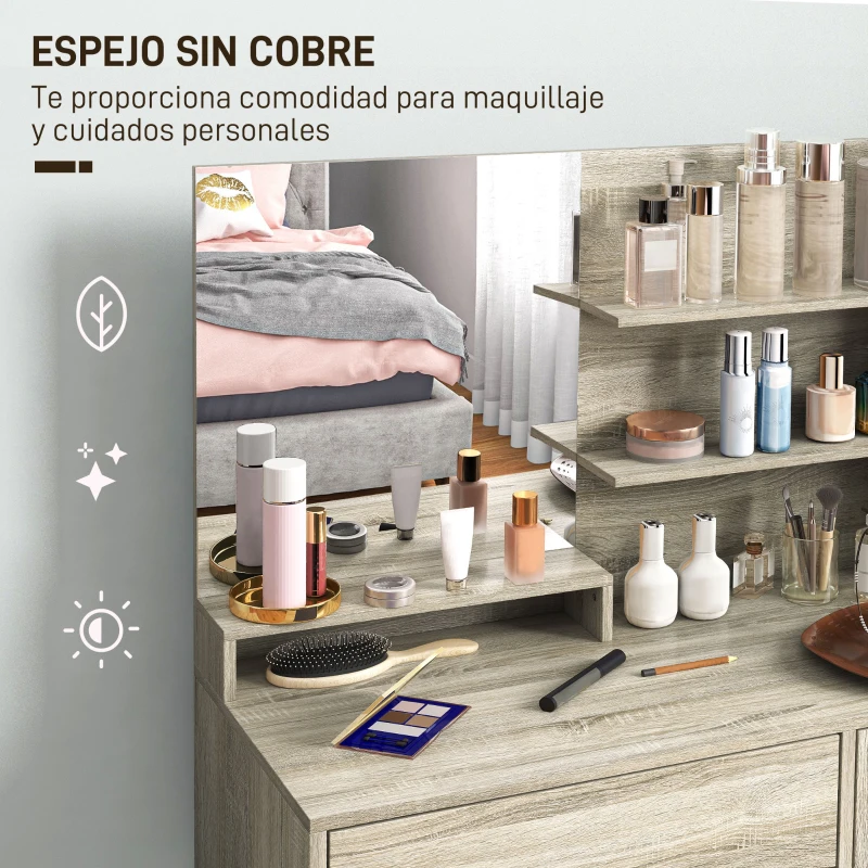 HOMCOM Tocador de Maquillaje con Taburete Espejo Estantes Abiertos Cajón y Estante Ajustable Anti-vuelco Natural y Beige