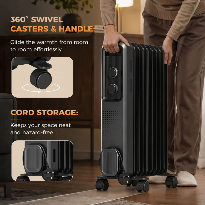 HOMCOM 2000W Oil Filled Radiator, 9 Fin, Portable Electric Heater with 3 Heat Settings, Safety Cut-Off and Wheels, Grey