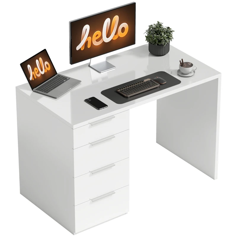HOMCOM Birou Compact Masă Computer 4 Sertare 110x61,5x75 cm Alb
