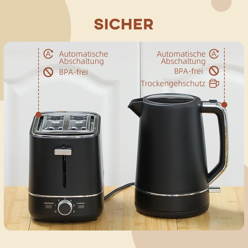 HOMCOM Set van 1,7 L waterkoker en broodrooster met 6 bruiningsstanden, Zwart/Staal