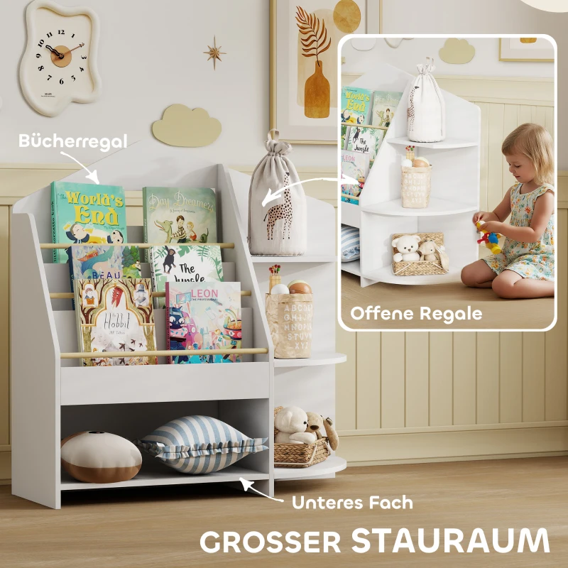 AIYAPLAY Kinderregal mit 7 Regalen für Bücher, Spielzeug, runde Kanten, trägt 40 kg, Weiß