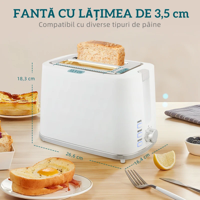 HOMCOM Set Fierbător Electric de 1.7L 2200W cu Termostat și Prăjitor de Pâine Dublu cu 7 Niveluri de Rumeneală, Alb