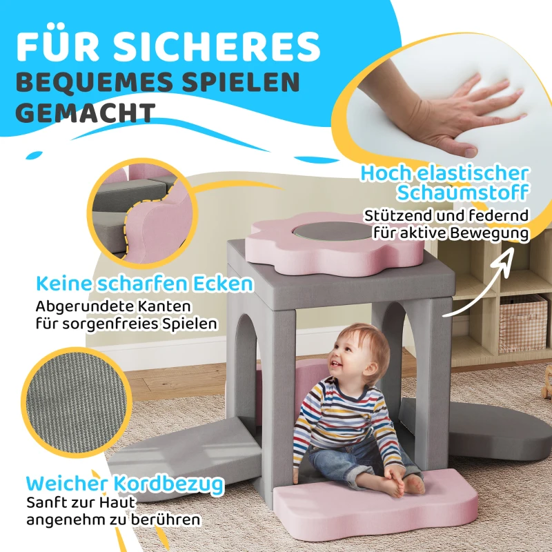 AIYAPLAY 12-delig Set Schuimblokken om te Klimmen, Bouwen, Kruipen, Binnen Speelmatten met Cord Bekleding, Grijs+Roze