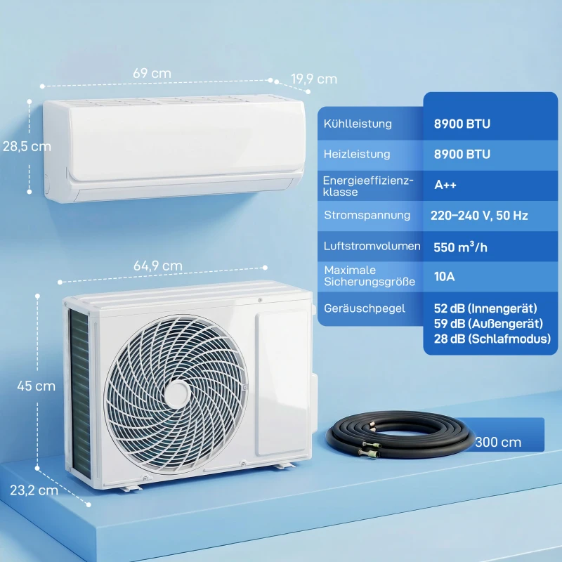 HOMCOM 9000 BTU Mini-Split-Klimaanlage & Wärmepumpe, WLAN-fähige Inverter-Klimaanlage mit Installationskit