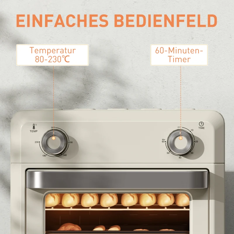 HOMCOM mini-oven met hetelucht, 10 liter airfryer, compacte oven met 60-minuten timer en binnenverlichting, 80-230℃, 3 insteekniveaus, vaatwasserbestendig accessoire, 1000W, crème wit(m-6)